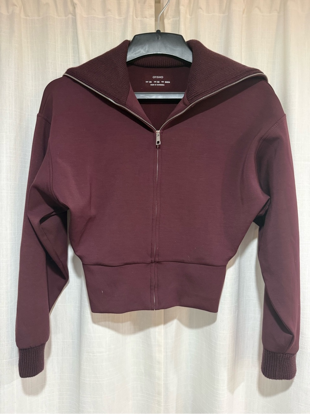 Oysho Maroon Zip-Front Cropped Sweater